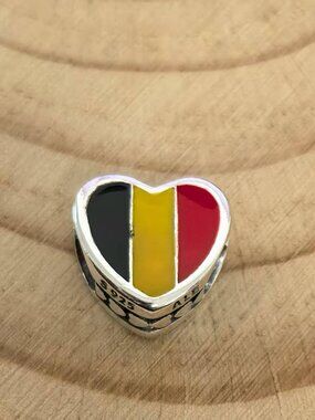 Pandora Belgium Flag Heart Bead Love Cameroon Charm Travel, S925 Silver Jewelry